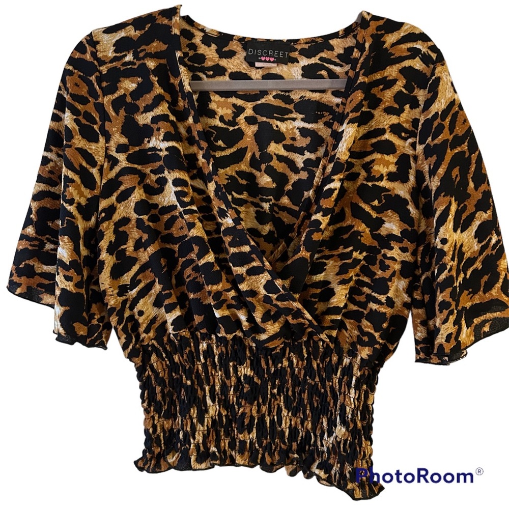 Discreet Blouse Leopard Animal Print Faux Wrap Bell Sleeve with Elastic waist